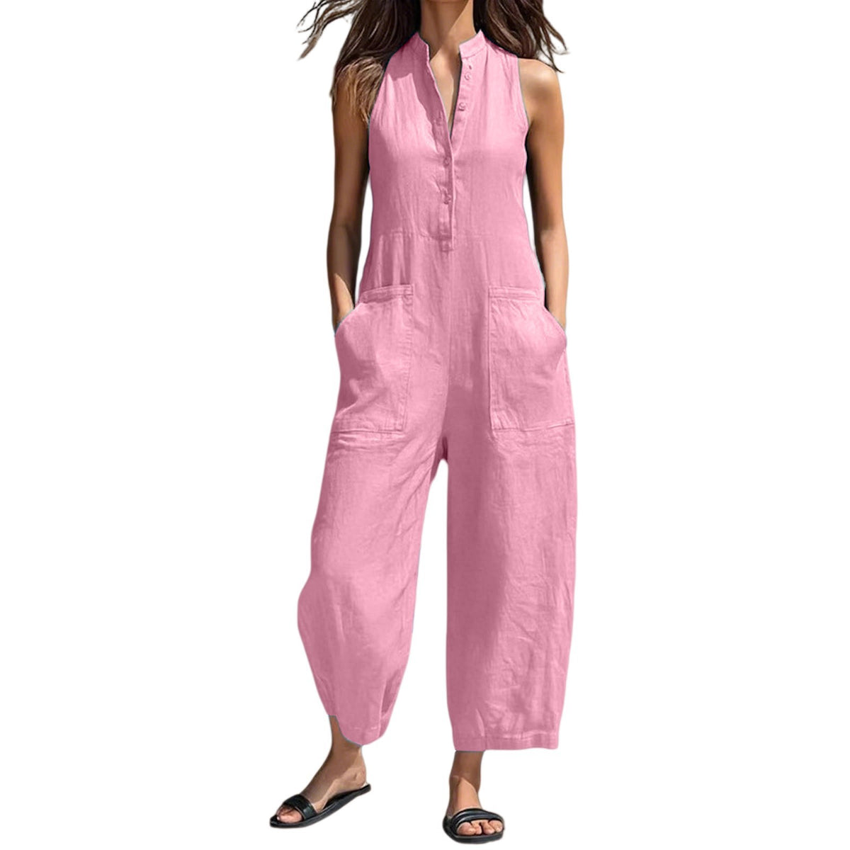 Black Minimalist Faux Linen Button-down Collar Sleeveless Loose-fitting Jumpsuit