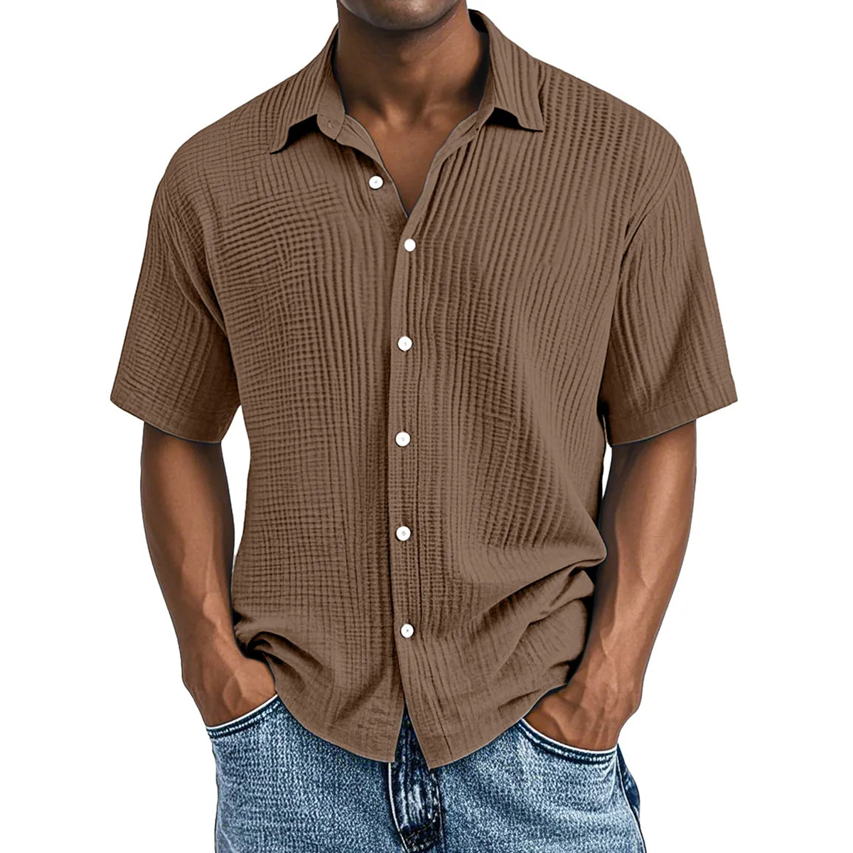 Men's Crinkle Textured Cotton Short Sleeve Button-Up Shirt