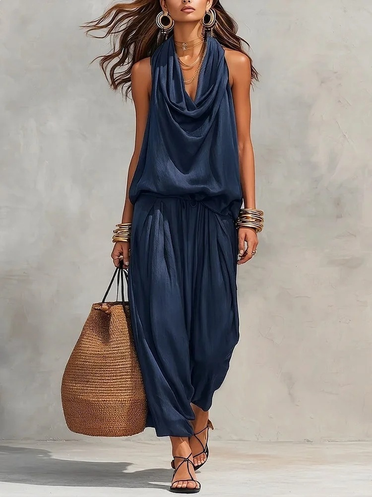 Black Halter Neck Sleeveless Top And Pleated Trousers Set