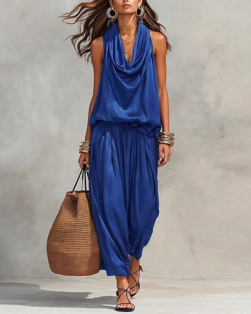 Black Halter Neck Sleeveless Top And Pleated Trousers Set