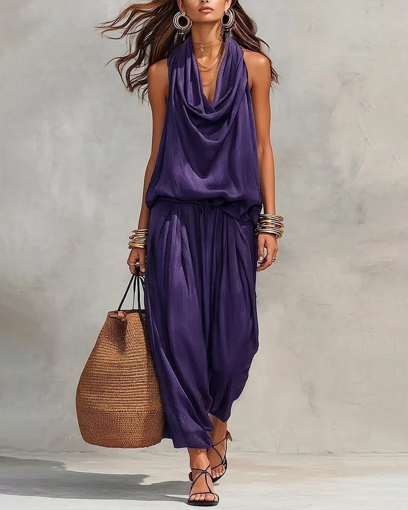 Black Halter Neck Sleeveless Top And Pleated Trousers Set