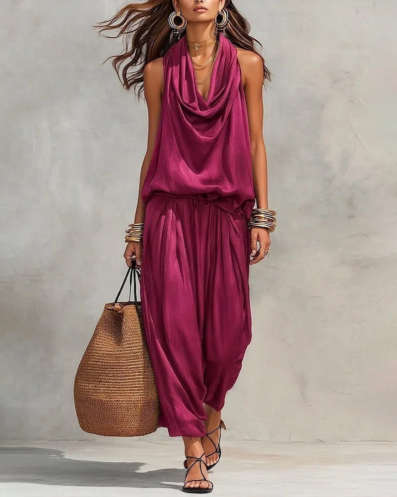Black Halter Neck Sleeveless Top And Pleated Trousers Set