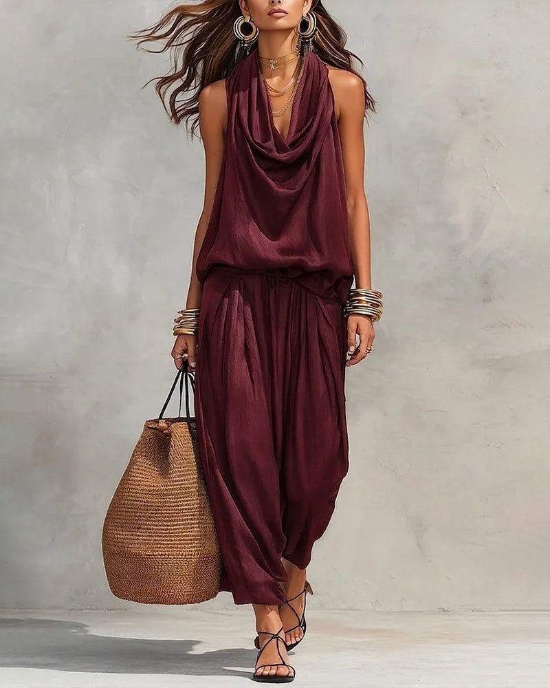 Black Halter Neck Sleeveless Top And Pleated Trousers Set