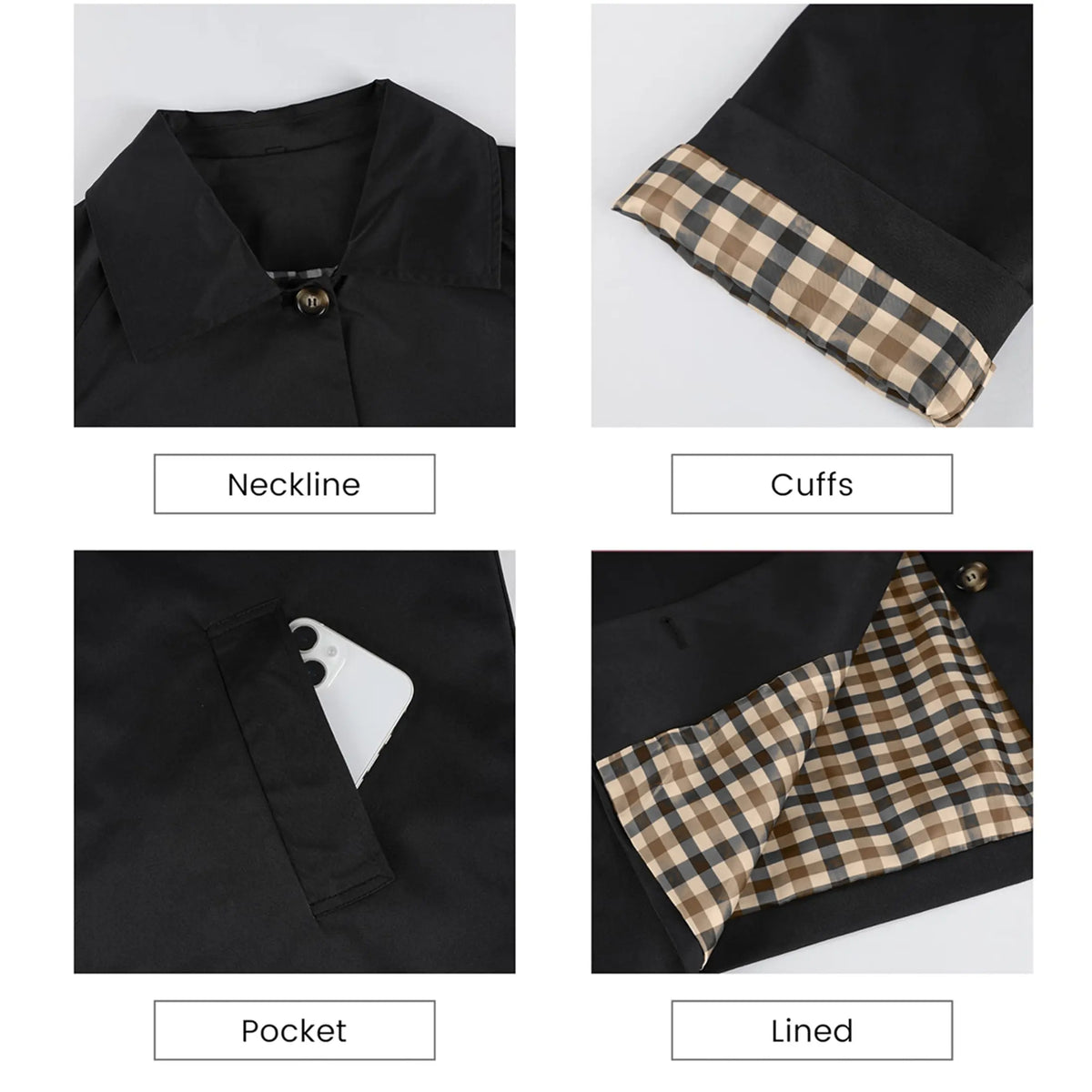 UANEO Womens Cropped Trench Coat with Checkered Lining
